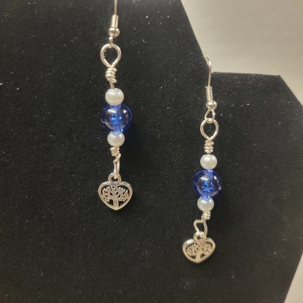 Hand Crafted Blue and Silver Tree Charm Earrings